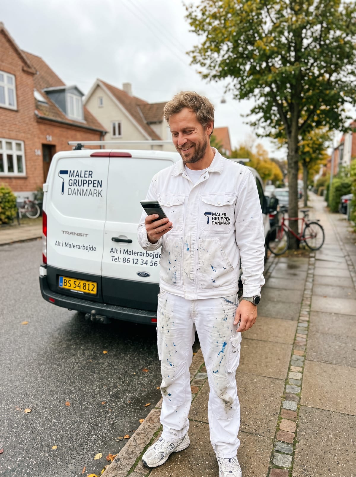 Kristian Møller from Maler Gruppen Danmark looking at Online Erhverv on his phone in front of the company van