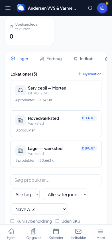 Stock split across workshop and service vans in Online Erhverv