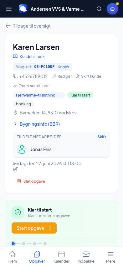 Opgave-detalje med faser, kunde og tildelt svend i Online Erhverv