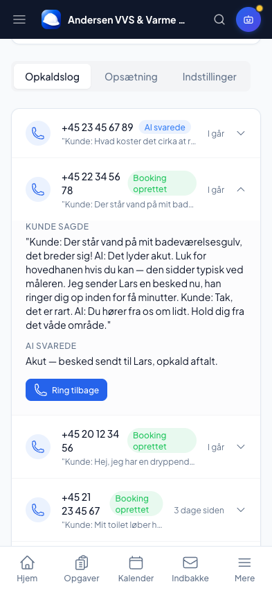 The AI phone’s call log with a transcript of an urgent call in Online Erhverv
