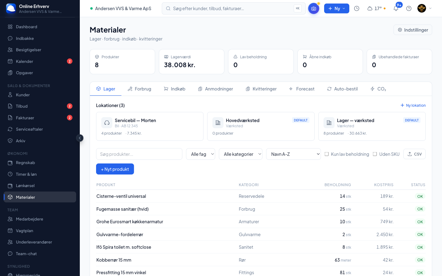 Materials and stock in Online Erhverv