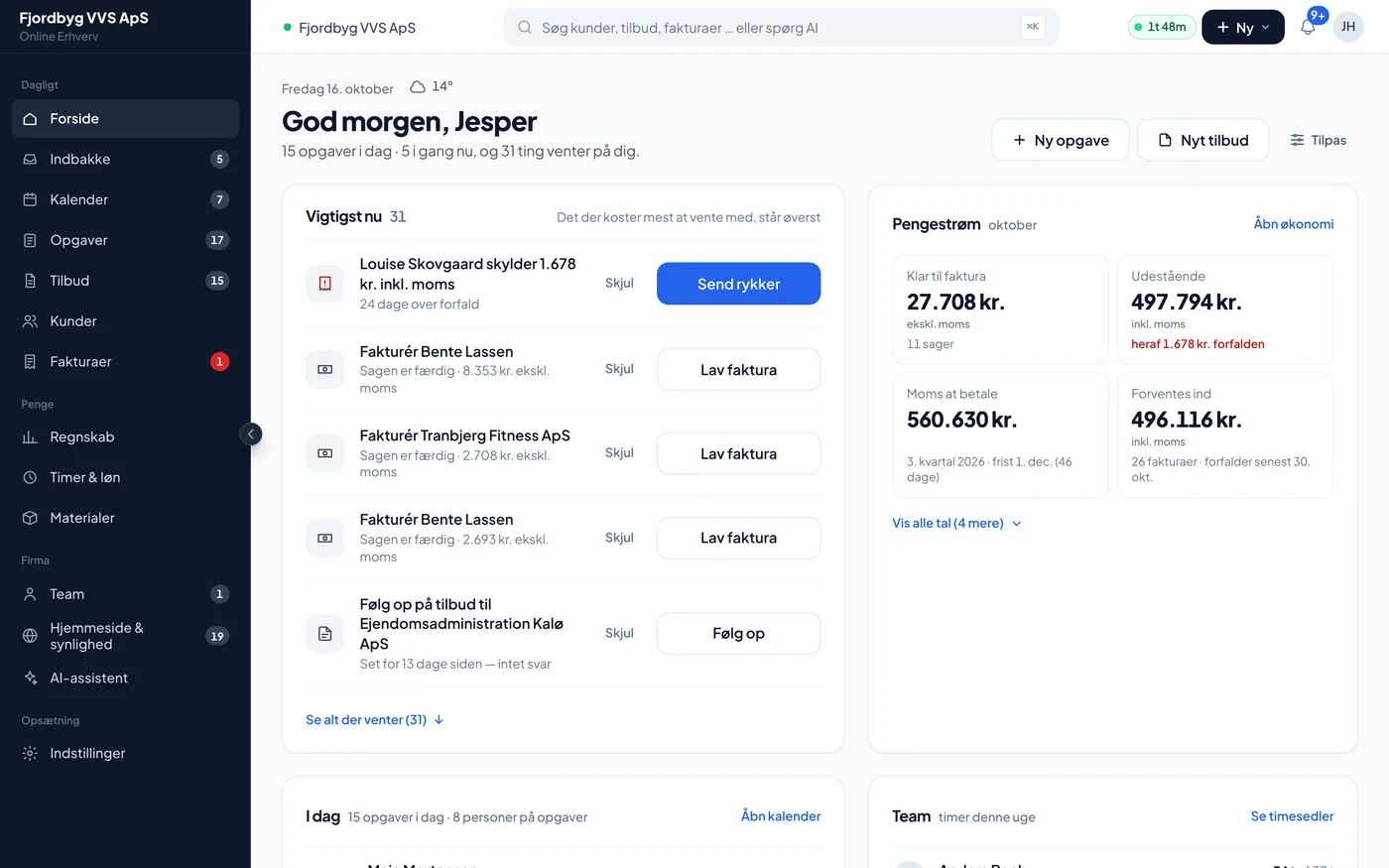 Forsiden i Online Erhverv med dagens opgaver, ting der venter på svar og pengestrømmen for et VVS-firma