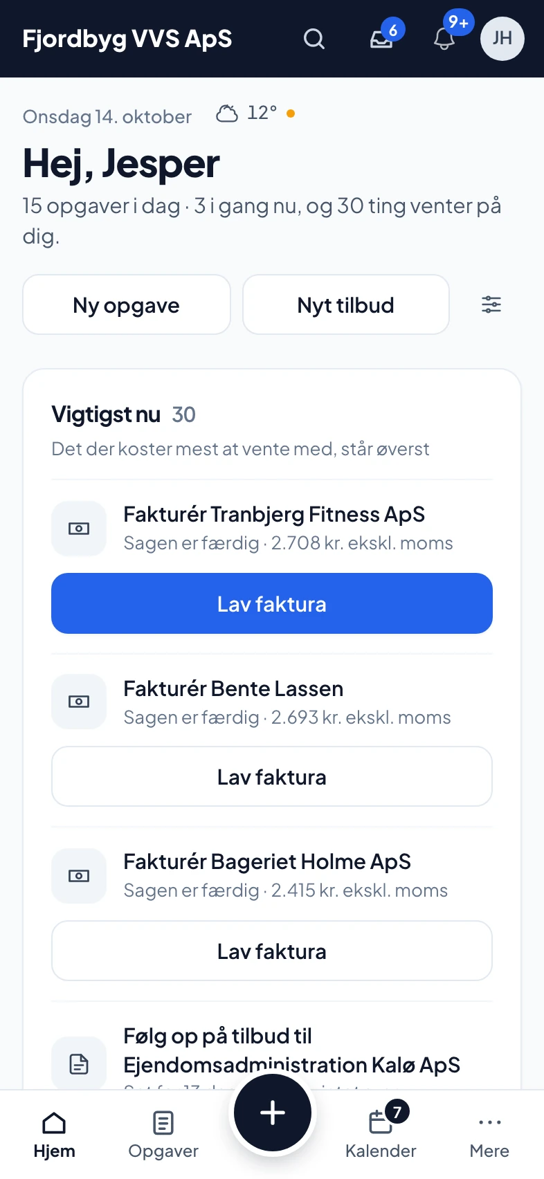 Forsiden i appen på telefonen: det der venter i dag