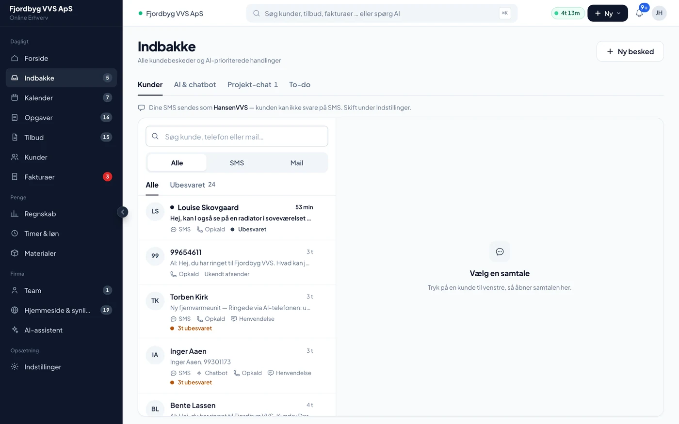 Samlet indbakke med sms, mail, chat og opkald samlet pr. kunde