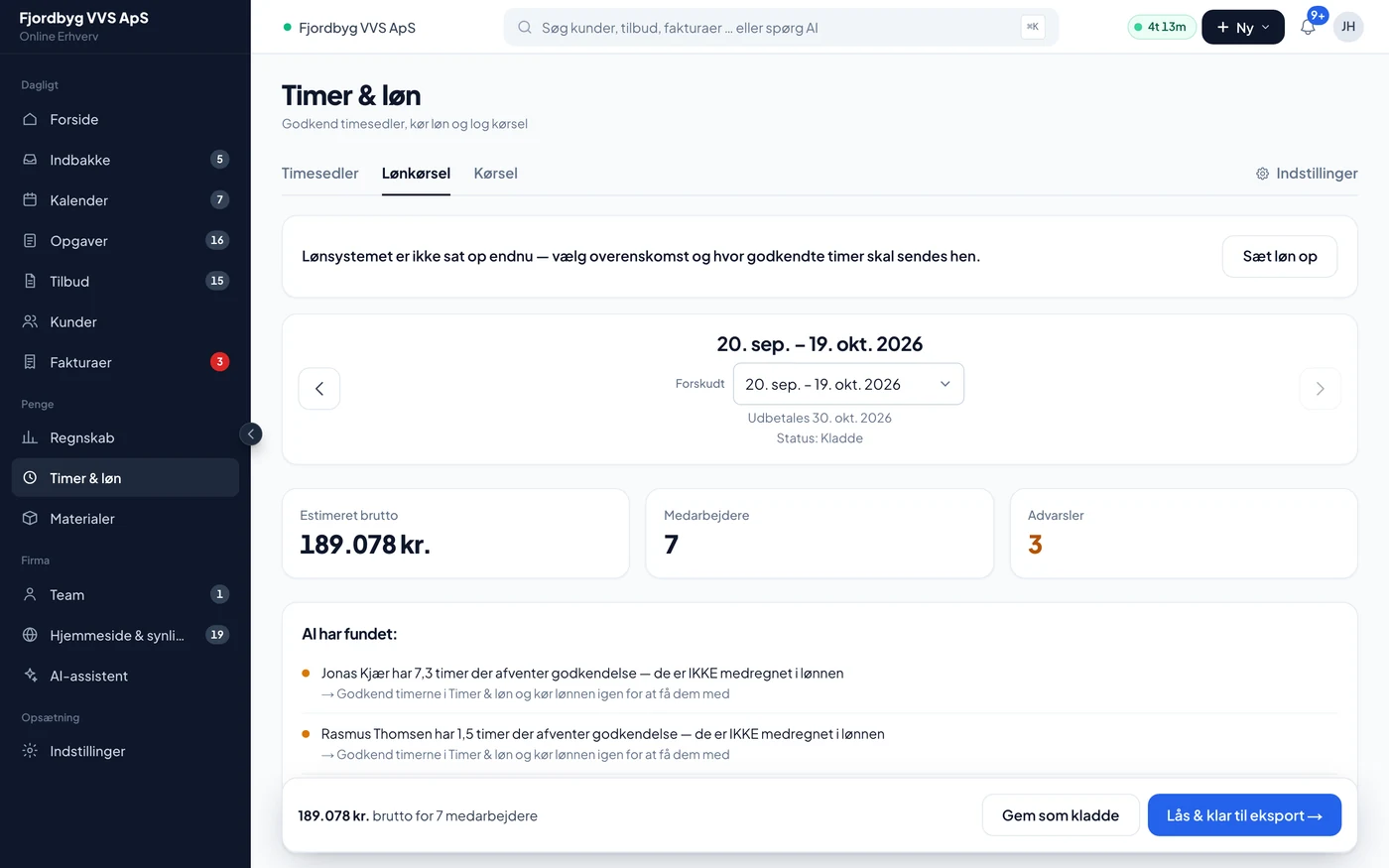 Lønkørsel for perioden med timer og løn pr. medarbejder