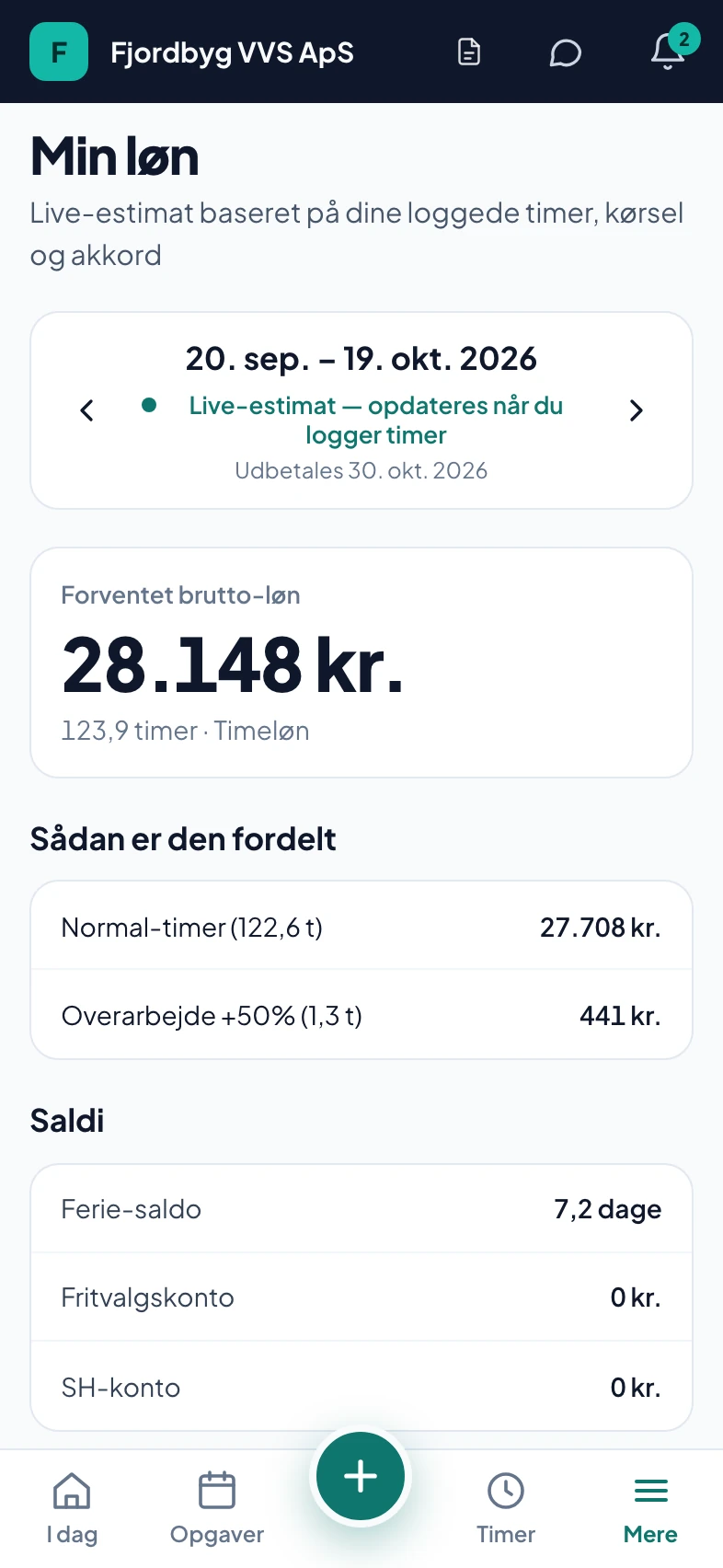 Min løn i svende-appen med timer og lønsedler