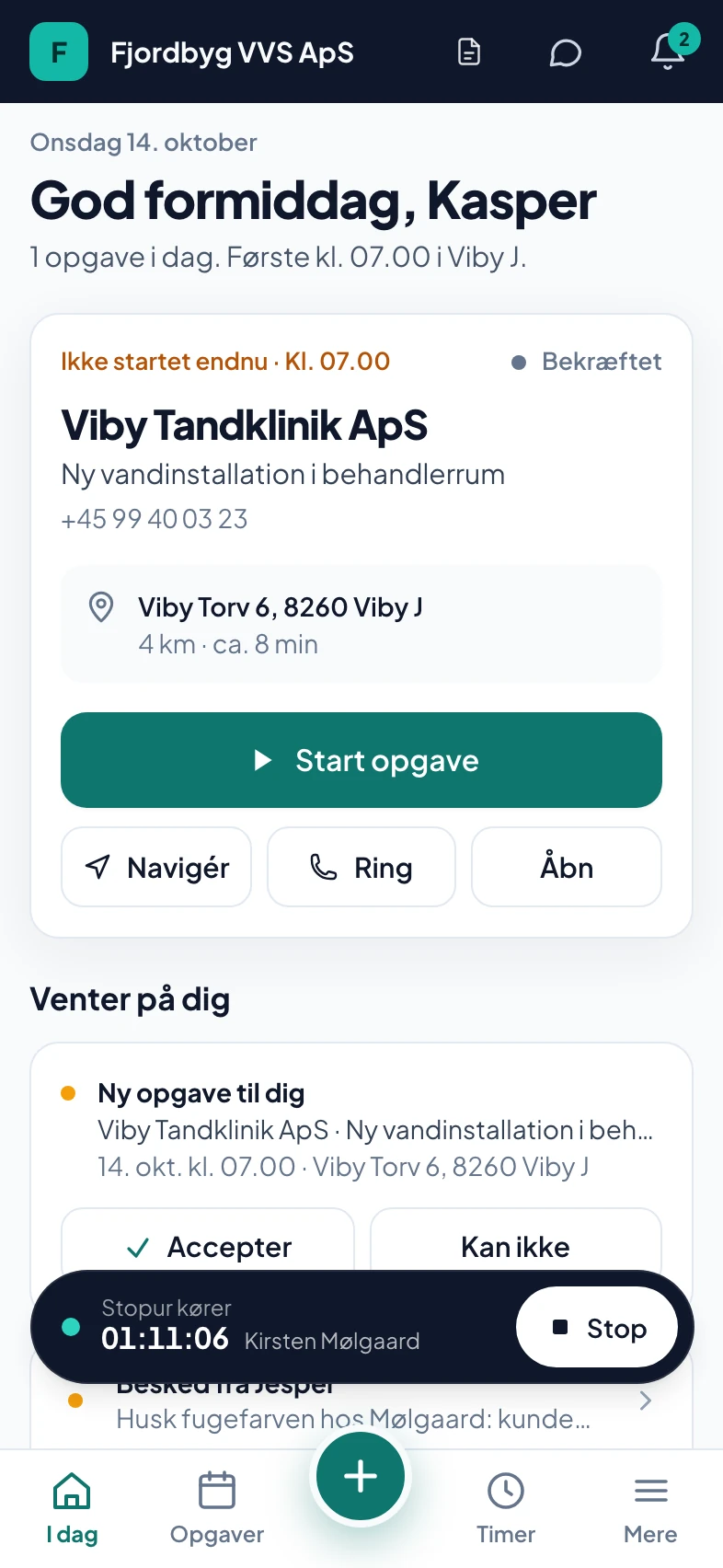 Svende-appen på mobilen med dagens næste opgave og knappen Start kørsel