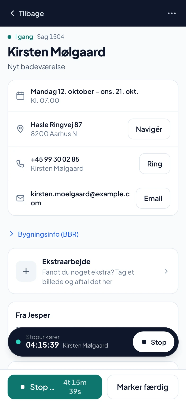 Opgave i svende-appen med adresse, telefon, faser og handlingsknapper