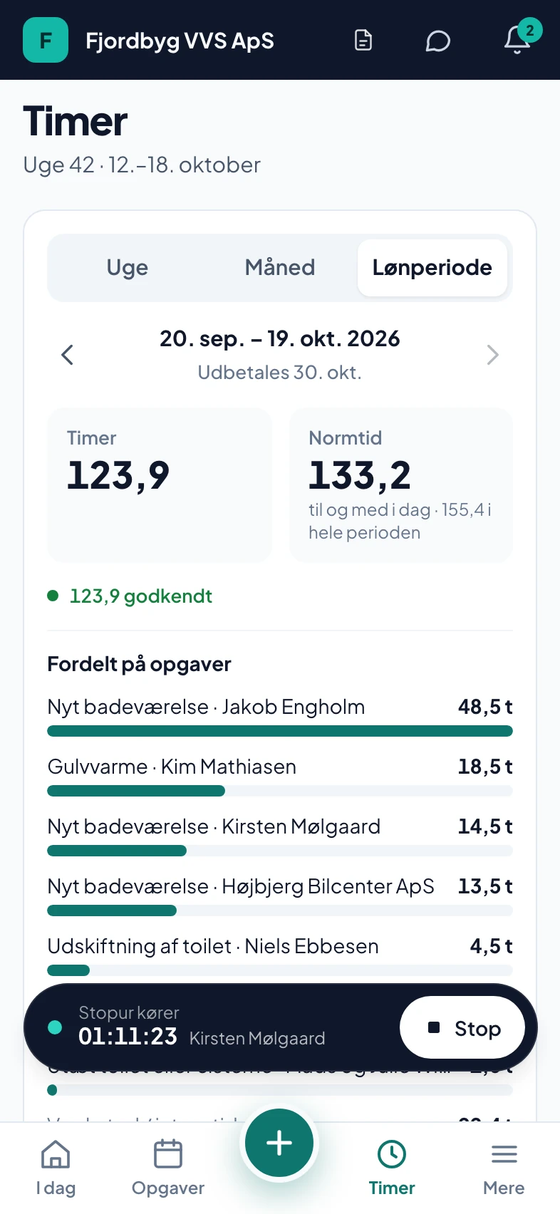 Timer-skærmen i svende-appen med kørende ur og ugens timer