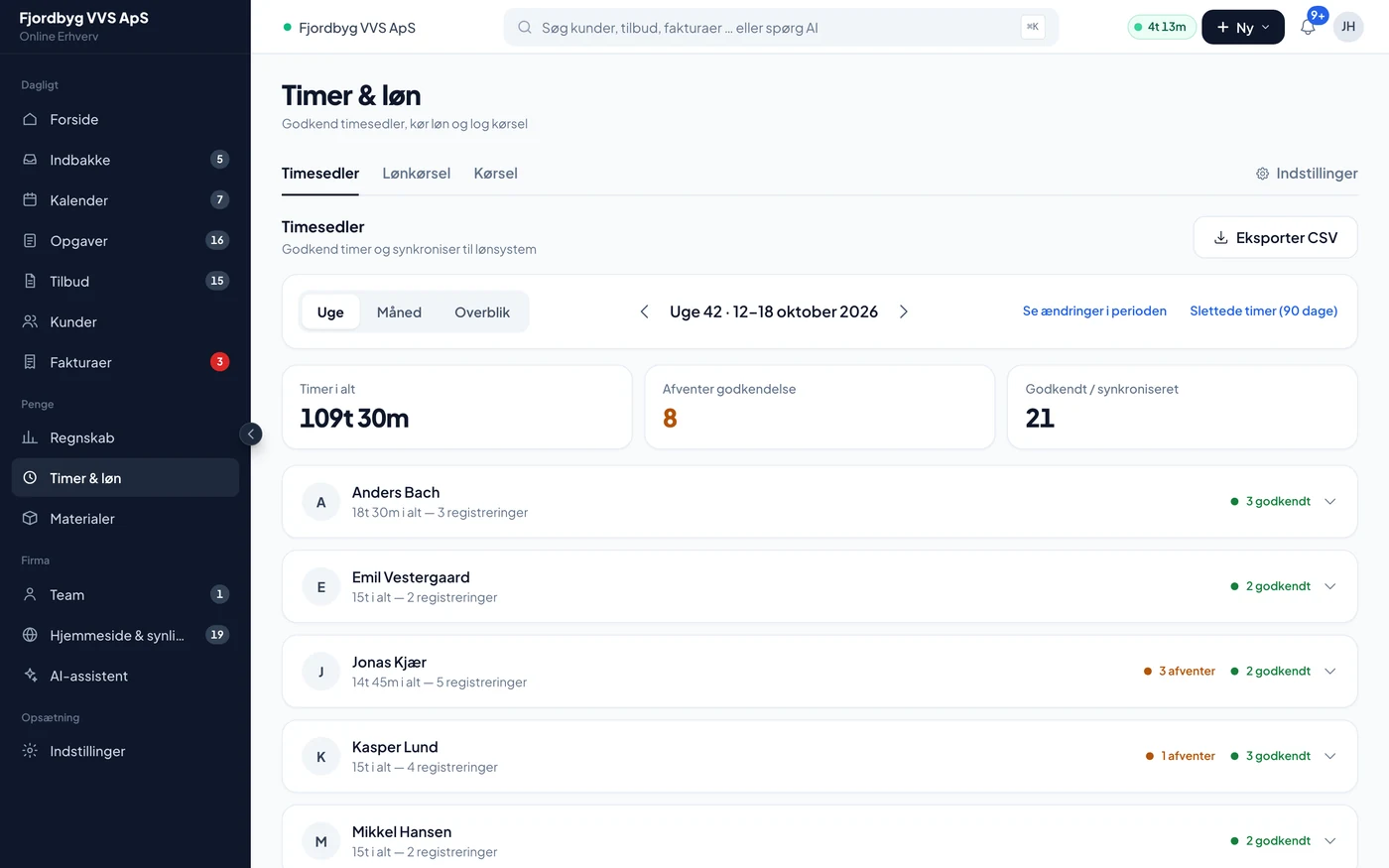 Timesedler med svendenes timer for ugen, klar til godkendelse